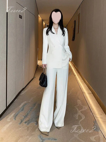 Дамски бял елегантен костюм Tesco Блейзър с дълъг ръкав и широки панталони Официални тоалети от 2 части за парти Комплекти женски панталони 2024