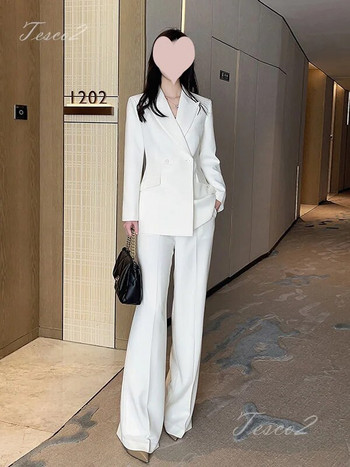 Дамски бял елегантен костюм Tesco Блейзър с дълъг ръкав и широки панталони Официални тоалети от 2 части за парти Комплекти женски панталони 2024