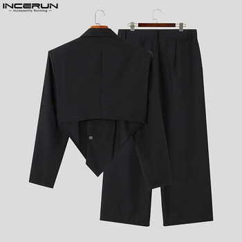 INCERUN 2023 Мъжки комплекти Едноцветни есенни ревери с дълъг ръкав Неправилен блейзър и панталони 2 бр. Streetwear Модни мъжки ежедневни костюми