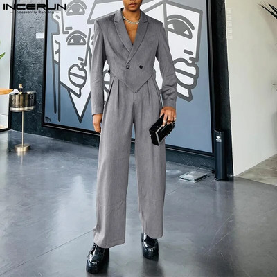 Ανδρικά Σετ INCERUN 2023 Μονόχρωμο φθινοπωρινό πέτο με μακρυμάνικο ακανόνιστο σακάκι και παντελόνι 2 τμχ Streetwear Fashion Ανδρικά casual κοστούμια