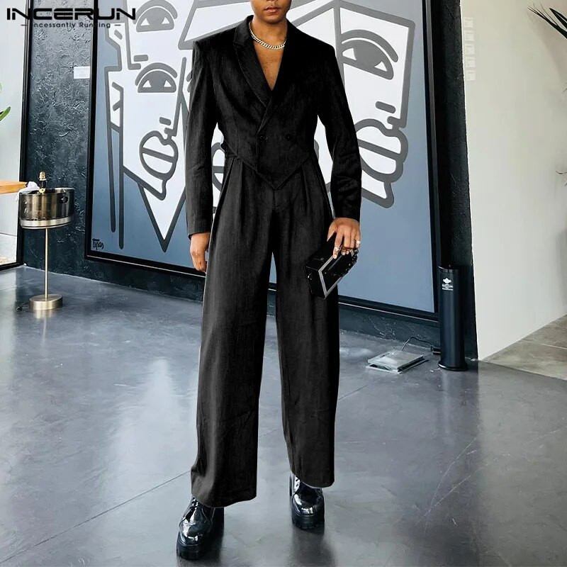 INCERUN 2023 Muški kompleti Jednobojni jesenski rever Nepravilan blejzer i hlače dugih rukava 2 KOM Ulična modna muška ležerna odijela