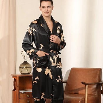 Мъжко сатенено спално облекло Халат и панталон Dargon Комплект пижами с принт Мъжко нощно облекло Кимоно Халат за баня Рокля от изкуствена коприна Облекло за хол Домашно облекло