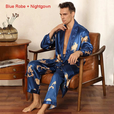 Vyriški satininiai miegui drabužiai, chalatai ir kelnės Dargon pižamos rinkinys Vyriški naktiniai drabužiai kimono chalatas suknele dirbtinio šilko poilsio drabužiai namų drabužiai