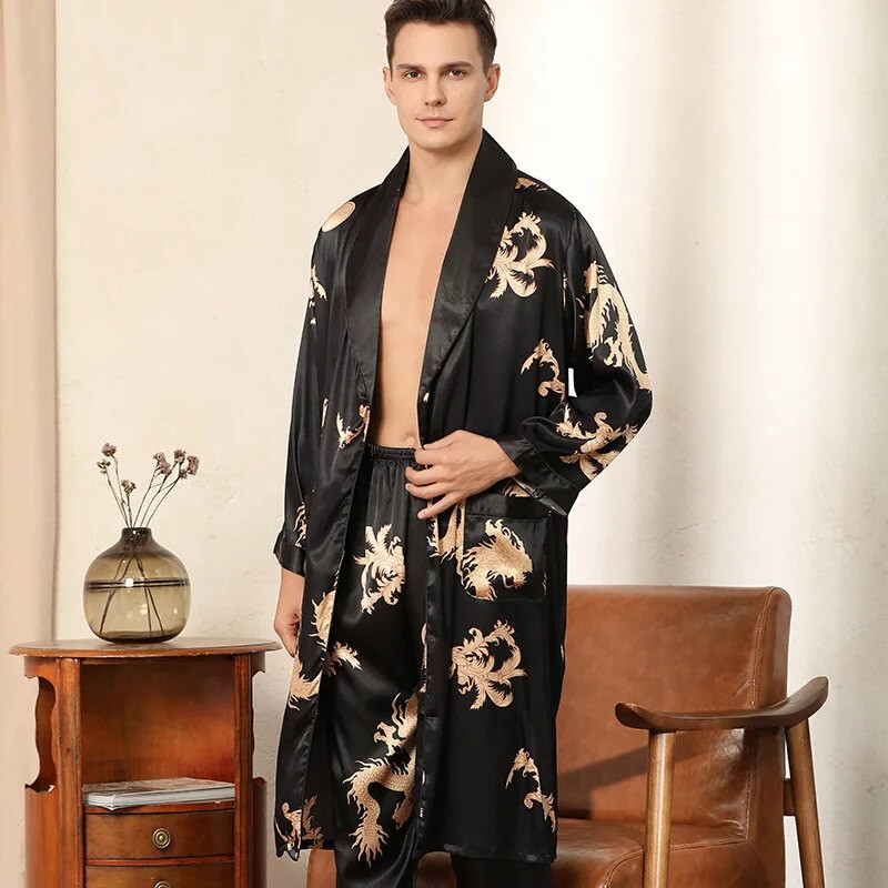 Vyriški satininiai miegui drabužiai, chalatai ir kelnės Dargon pižamos rinkinys Vyriški naktiniai drabužiai kimono chalatas suknele dirbtinio šilko poilsio drabužiai namų drabužiai