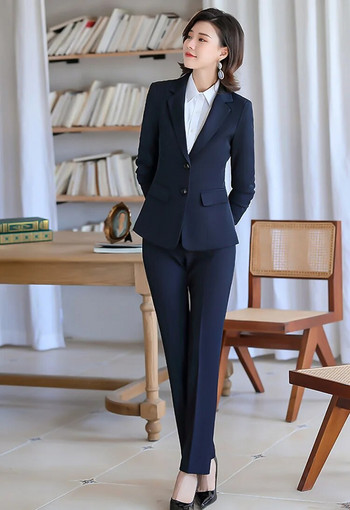 Επιχειρηματικό γυναικείο κοστούμι Μαύρο μπλέ ναυτικό γιακά μολύβι παντελόνι επίσημο παντελόνι για επαγγελματικά γυναικεία ρούχα