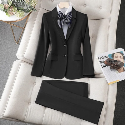 Business Women`s Suit Black Navy Blue Notch Collar Blazer Pencil Pants Formal Pantsuit For Professional Women`s Outfits