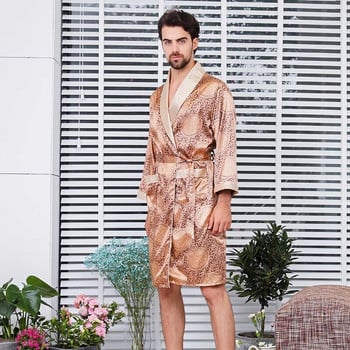 Мъжки тънки имитирани копринени пижами с дълъг ръкав Нощен халат Къси панталони Луксозен комплект домашни дрехи Халат с щампи с ревери с голям размер