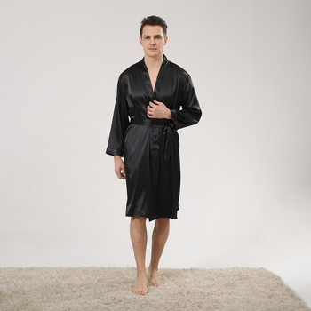 Мъжки летен нов халат с дълъг ръкав Костюм от копринен сатен Мъжки свободен ежедневен халат за баня и шорти Спално облекло Нощно облекло