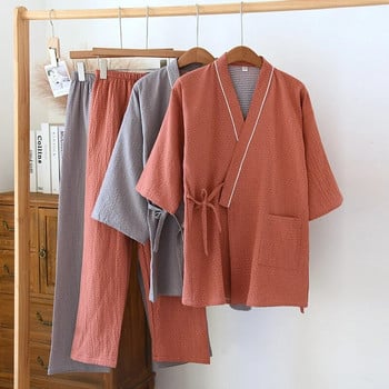 Японски обикновени кимона халати мъже двойки жени комплекти пижами качество 100% чист памук широки халати любителите на сауна костюми