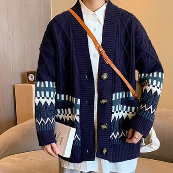 Жилетка Мъжки ретро пуловер Harajuku Зимна мода широки универсални тийнейджърски дрехи Дебел зимен трикотаж High Street