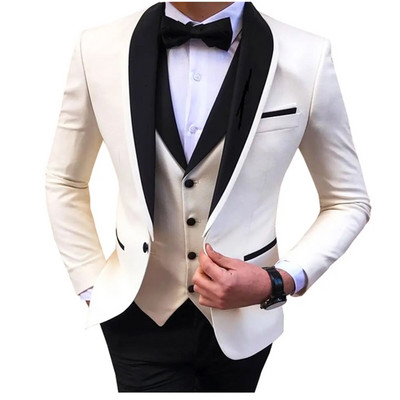 Бели мъжки костюми Мъжки официален сватбен шал с ревер от 3 части Ежедневни смокинги за абитуриентски костюми за младоженци Мъжки 2024 (блейзър+жилетка+панталон)