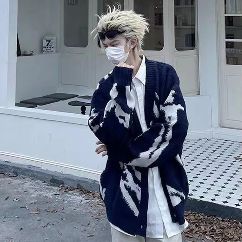 Amerikietiškas senovinis flokuojantis megztinis megztinis Vyriški drabužiai laisvi, dideli žieminiai megztiniai Paltai Y2k hiphopo gatvės apranga