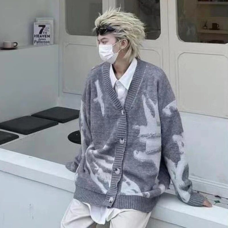 Amerikietiškas senovinis flokuojantis megztinis megztinis Vyriški drabužiai laisvi, dideli žieminiai megztiniai Paltai Y2k hiphopo gatvės apranga