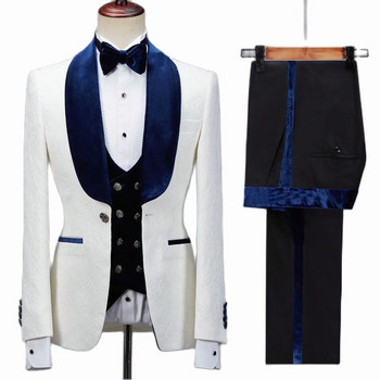 Флорално яке Мъжки костюм Slim Fit Сватбен смокинг Тъмносин кадифен ревер Парти костюми за младоженеца Костюм Homme Best Man Blazer