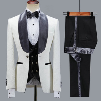 Флорално яке Мъжки костюм Slim Fit Сватбен смокинг Тъмносин кадифен ревер Парти костюми за младоженеца Костюм Homme Best Man Blazer