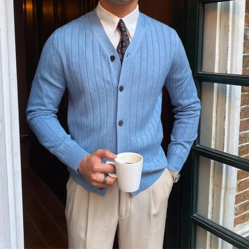 2023-as új tavaszi és őszi Senior Rascal, jóképű V-nyakú, karcsú, csíkos, hosszú ujjú, alkalmi, tömör férfi pulóver-kardigán