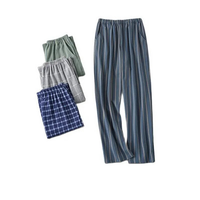 7XL-4XL Раирана щампа Sleep Bottom Мъжки памучни дълги панталони Домашни пижами Меки пролетни есенни панталони с еластична талия Ежедневни спални дрехи