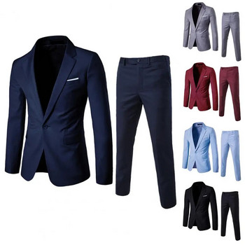 Комплект мъжки панталони Стилен мъжки комплект бизнес костюми Ревер Slim Fit Палто Дълги панталони за работно облекло Официални поводи Slim Fit Suit Outfit