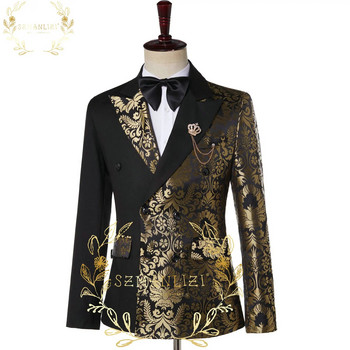 SZMANLIZI Двуредно черно златно флорално жакардово прилепнало мъжко костюми Сватбени смокинги за младоженеца Парти яке Панталон Terno Masculino