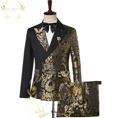 SZMANLIZI Διπλό στήθος μαύρο χρυσό Floral Jacquard Slim Fit Ανδρικά κοστούμια Γαμπρός γάμου Σμόκιν Μπουφάν Παντελόνι Terno Masculino