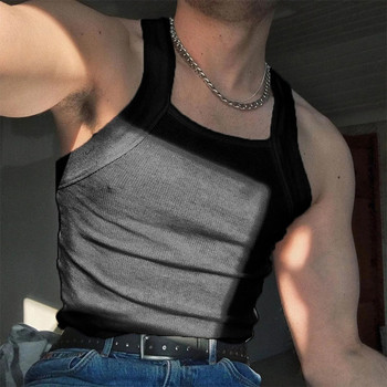 2023 Модни мъжки потници Slim Fit тениска без ръкави с О-образно деколте Дишащи секси жилетки Улично облекло Едноцветно кльощаво мъжко облекло 2023