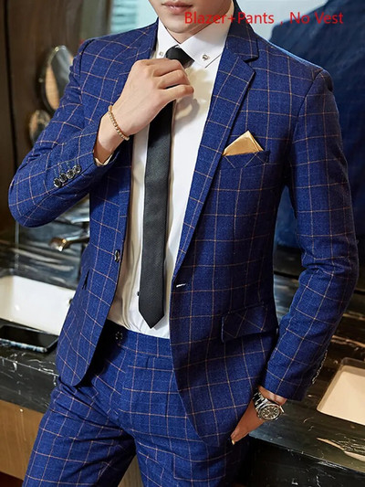 Blazer Vest Hlače Vjenčanica Mladoženja Pozorničko odijelo Trodijelni komplet i dvodijelni komplet Muško ležerno poslovno klasično karirano odijelo