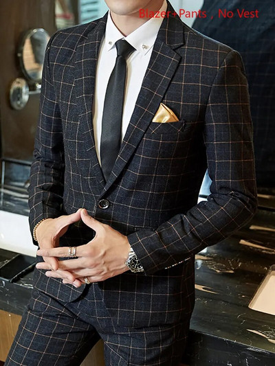 Blazer Vest Hlače Vjenčanica Mladoženja Pozorničko odijelo Trodijelni komplet i dvodijelni komplet Muško ležerno poslovno klasično karirano odijelo