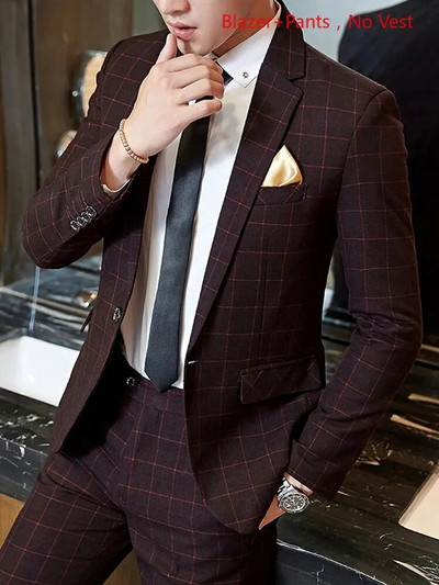 Blazer Vest Hlače Vjenčanica Mladoženja Pozorničko odijelo Trodijelni komplet i dvodijelni komplet Muško ležerno poslovno klasično karirano odijelo