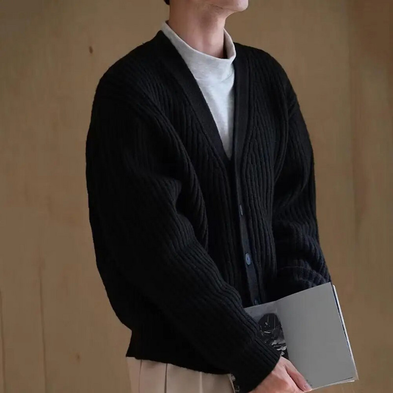Zima Jesen Muški kardigan pulover Jednoredno kopčanje s V izrezom Gumbi Debeli pleteni dugi rukavi Jednobojna elastična topla mekana ležerna S