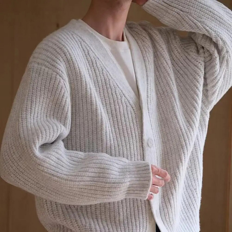 Zima Jesen Muški kardigan pulover Jednoredno kopčanje s V izrezom Gumbi Debeli pleteni dugi rukavi Jednobojna elastična topla mekana ležerna S