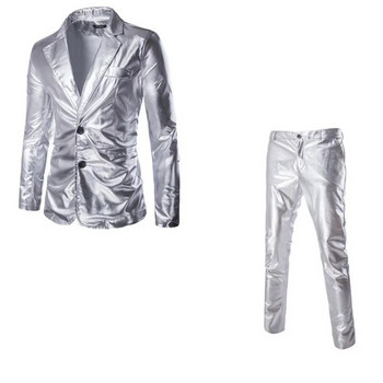Бронзиращи лъскави златисто-сребърни костюми Блейзър Мъжки панталони от тънък костюм от изкуствена кожа Златисто-сребристо-черни модни сценични костюми за сватбени партита