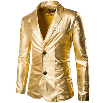 Бронзиращи лъскави златисто-сребърни костюми Блейзър Мъжки панталони от тънък костюм от изкуствена кожа Златисто-сребристо-черни модни сценични костюми за сватбени партита