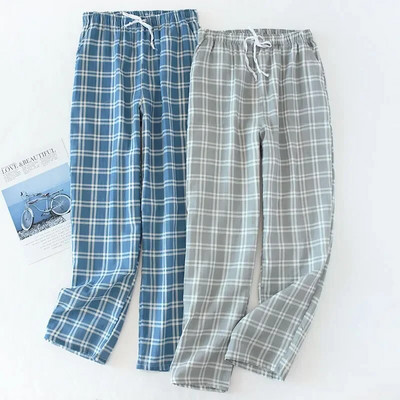 Men`s Cotton Gauze Trousers Plaid Knitted Sleep Pants Woman Pajamas Pants Bottoms Sleepwear Short for Couples Pijama Hombre