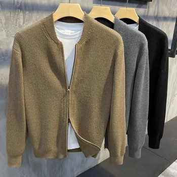 Мъжка есенно-зимна ежедневна плетена жилетка, пуловер, мъжки модни горнища, палто, цип, едноцветна яка, пуловери с дълги ръкави
