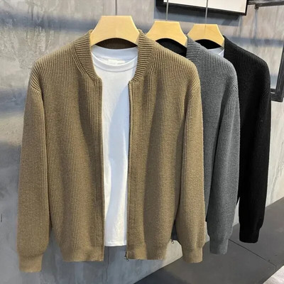 Мъжка есенно-зимна ежедневна плетена жилетка, пуловер, мъжки модни горнища, палто, цип, едноцветна яка, пуловери с дълги ръкави