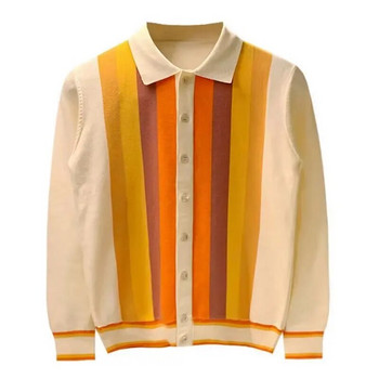 Мъжка плетена жилетка в британски стил Вертикални райета с дълги ръкави и копчета Мъжки горнища Пролет Есен Марка Тънък пуловер с ревер