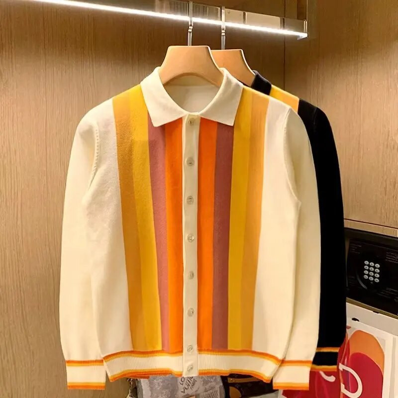 Muški pleteni kardigan s okomitim prugama i dugim rukavima u britanskom stilu Muške majice Proljeće Jesen Tanki pulover na revere