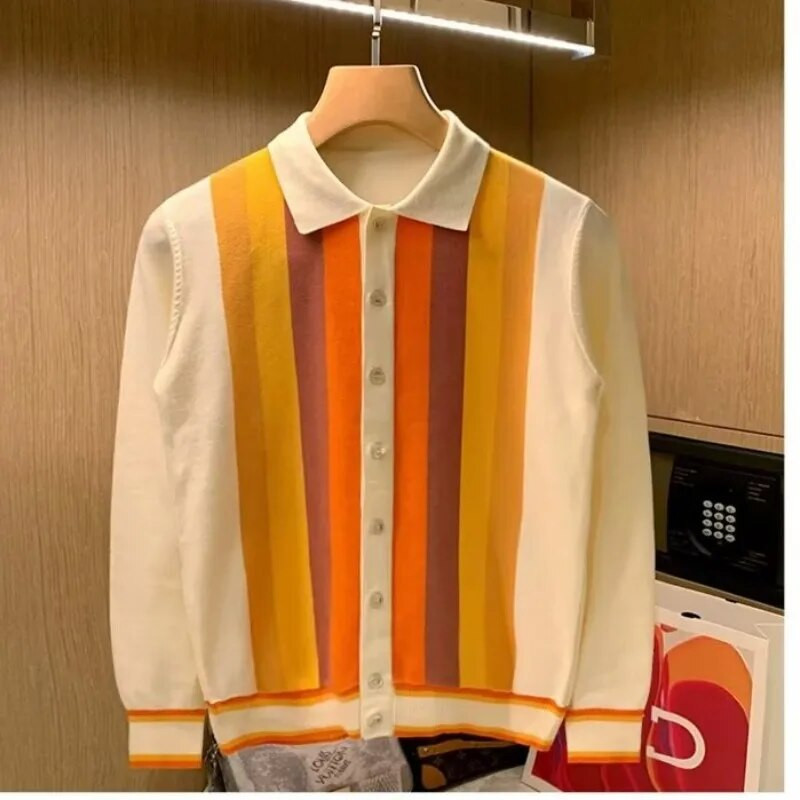 Muški pleteni kardigan s okomitim prugama i dugim rukavima u britanskom stilu Muške majice Proljeće Jesen Tanki pulover na revere