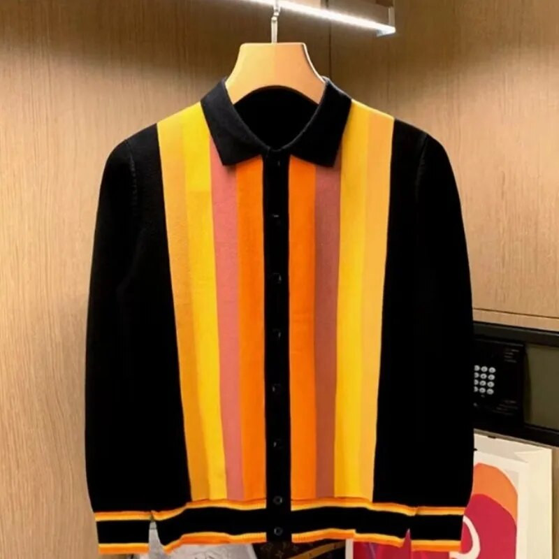 Muški pleteni kardigan s okomitim prugama i dugim rukavima u britanskom stilu Muške majice Proljeće Jesen Tanki pulover na revere