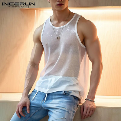 2023 Men Tank Tops Solid O-neck Sleeve Mesh Sexy Vests Streetwear Fashion Party Transparent Casual Men Clothing S-5XL INCERUN