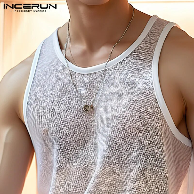 2023. Muške majice bez rukava Jednobojni Mrežasti rukavi s O-izrezom Seksi prsluci Ulična modna odjeća za zabave Prozirna ležerna muška odjeća S-5XL INCERUN