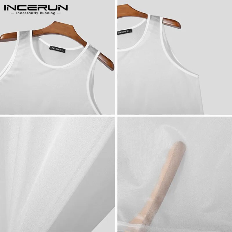 2023. Muške majice bez rukava Jednobojni Mrežasti rukavi s O-izrezom Seksi prsluci Ulična modna odjeća za zabave Prozirna ležerna muška odjeća S-5XL INCERUN