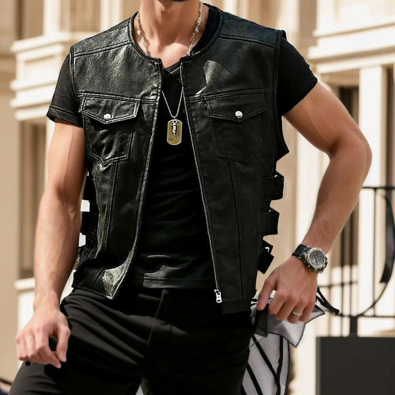 Meeste punk-nahast vest gooti küljes õõnsad mootorratta lukuga jope esinemiskostüüm Varrukateta avar vest Talvemantel