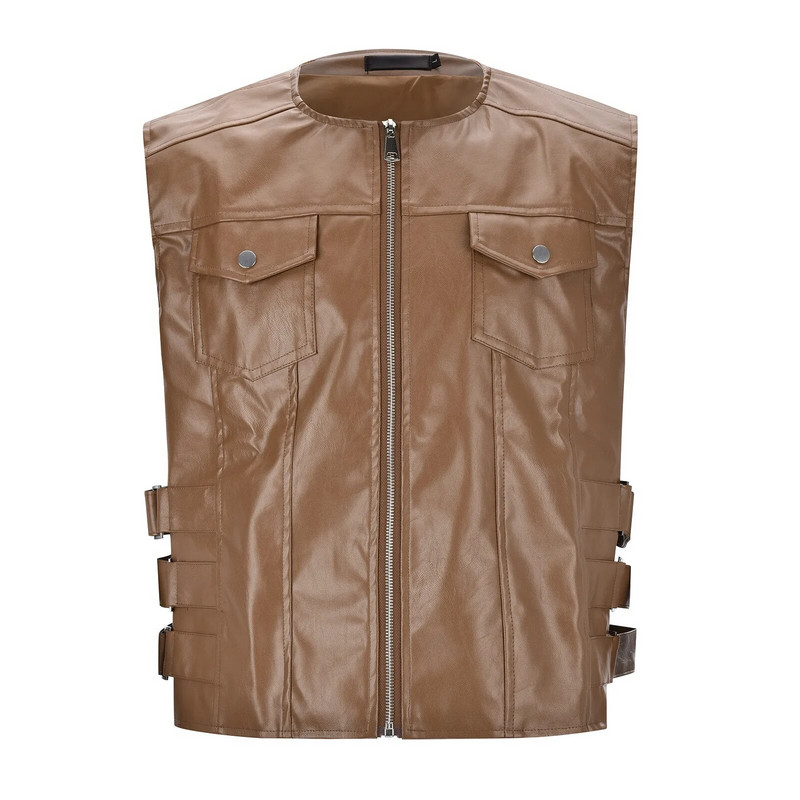 Meeste punk-nahast vest gooti küljes õõnsad mootorratta lukuga jope esinemiskostüüm Varrukateta avar vest Talvemantel