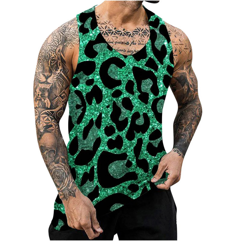 Nove modne majice bez rukava, ljetne majice u uličnom stilu, 3D ispis, pjegavi leopard, široki okrugli izrez, ležerna muška kampanja, top prsluk