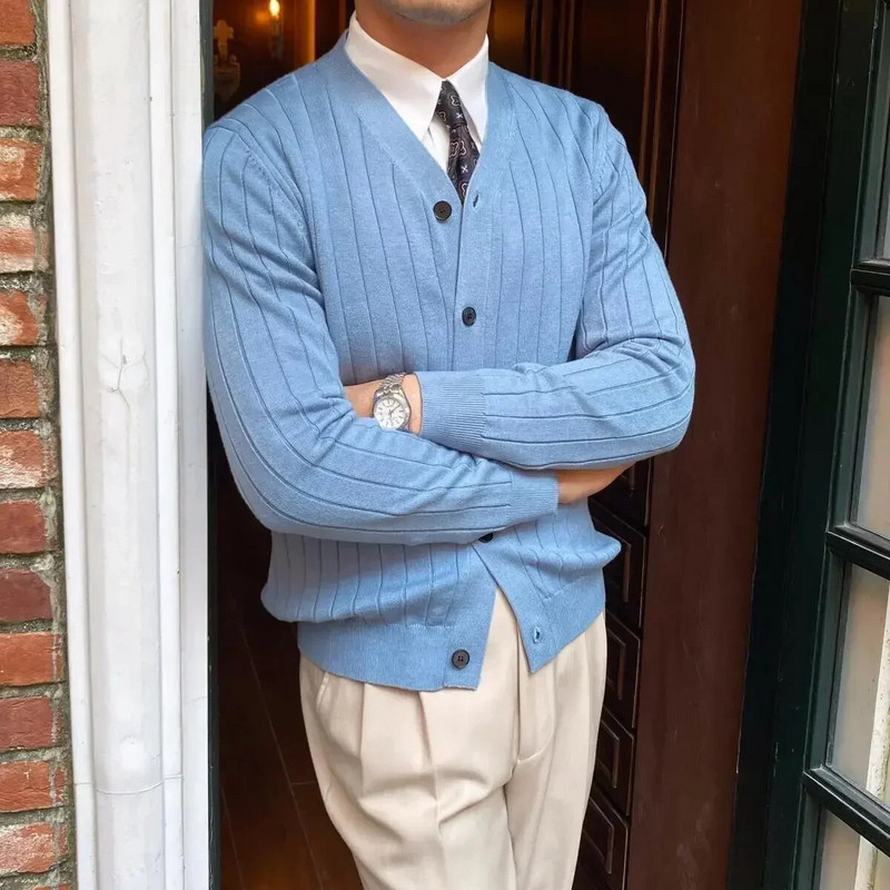 Vyriški drabužiai Vienspalvis megztinis megztinis vyriškas mėlynas V kaklo paprastas plonas vizitinis megztinis japoniškas retro spalvos Naujiena 2023 m. žiemą vilna