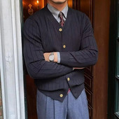 Kardigan s jednim kopčanjem, muški pleteni džemper s V izrezom, kaput za jesen i zimu, debeli, topli ležerni pulover otporan na vjetar