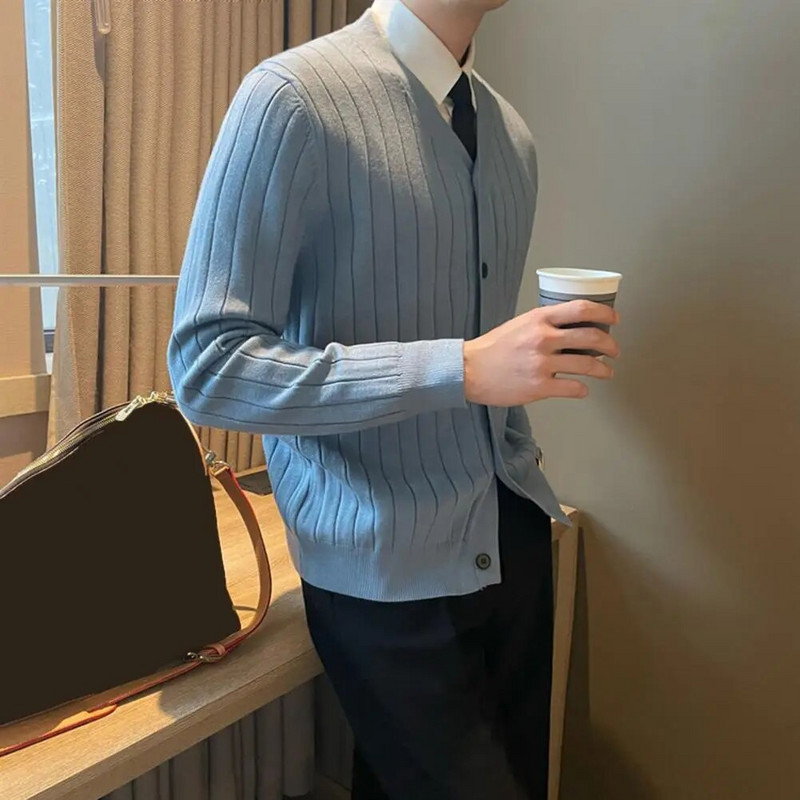 Kardigan s jednim kopčanjem, muški pleteni džemper s V izrezom, kaput za jesen i zimu, debeli, topli ležerni pulover otporan na vjetar