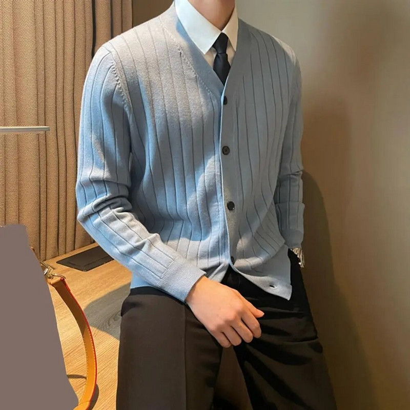 Kardigan s jednim kopčanjem, muški pleteni džemper s V izrezom, kaput za jesen i zimu, debeli, topli ležerni pulover otporan na vjetar