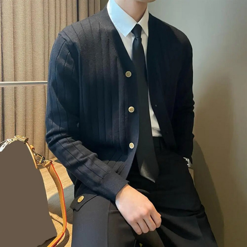 Kardigan s jednim kopčanjem, muški pleteni džemper s V izrezom, kaput za jesen i zimu, debeli, topli ležerni pulover otporan na vjetar